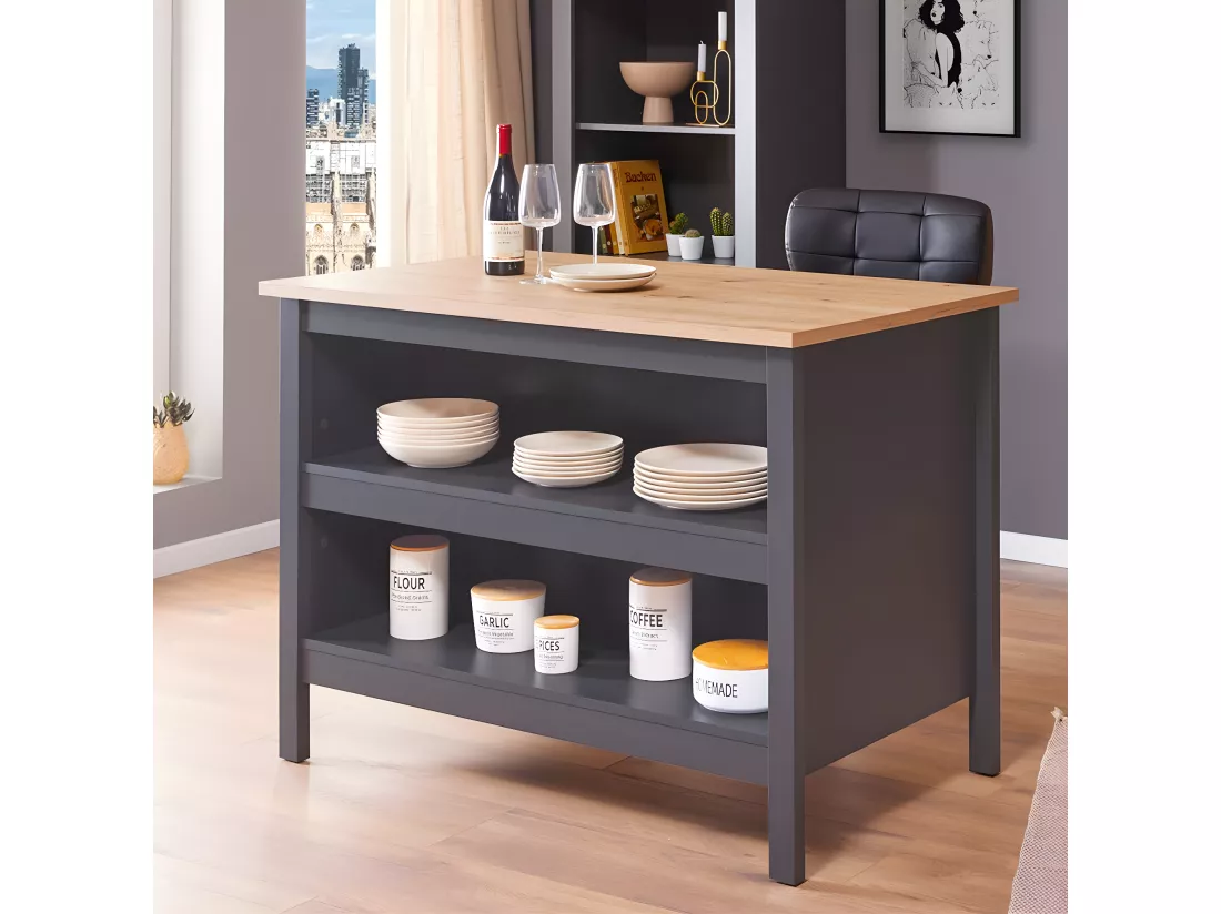 KENNY - Ilot de Cuisine Anthracite et Plateau Effet Bois