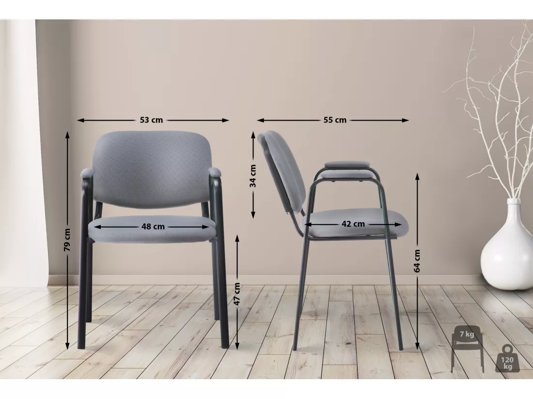 Chaise de conférence - Tissu & Métal noir mat - Gris - Ken Pro
