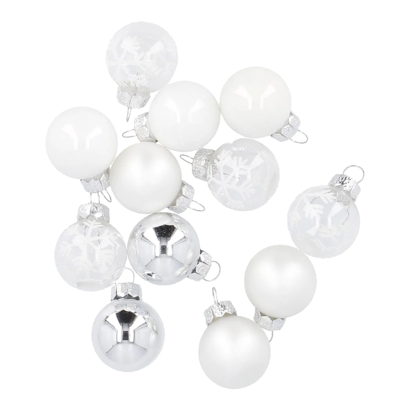 12er Weihnachtskugel Set Glas 2,5 cm, weiß/silber/frost
