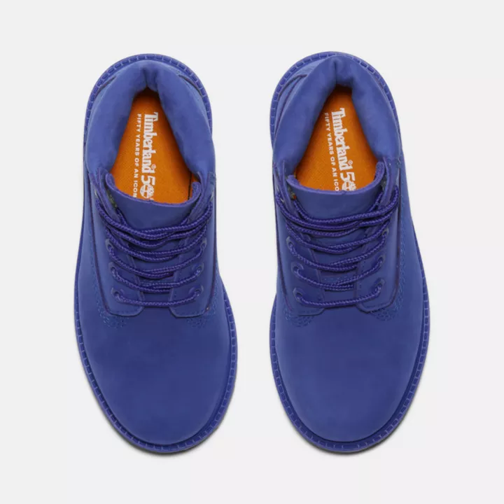 Bota Timberland Premium de 6 polegadas impermeável, edição 50, para jovens, na cor azul.