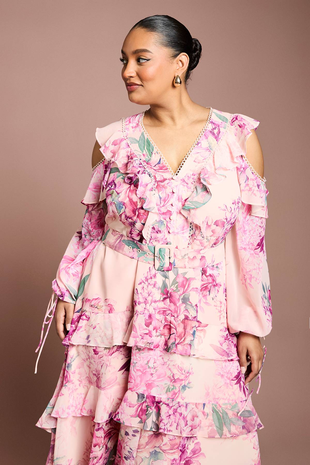 Coast Robe Mi-Longue Imprimée à Volants et Épaules Dénudées Grande Taille