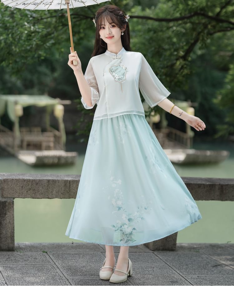 Fioridi - Hanfu-top met elleboogmouwen en bloemenborduursel / Midi-A-lijn rok met hoge taille en bloemenprint
