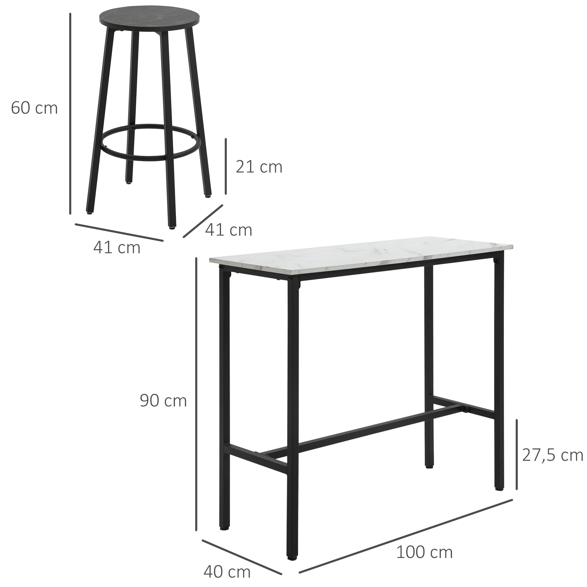 HOMCOM Bartisch Set mit Stahlrahmen schwarz, weiß 100L x 40B x 90H cm
