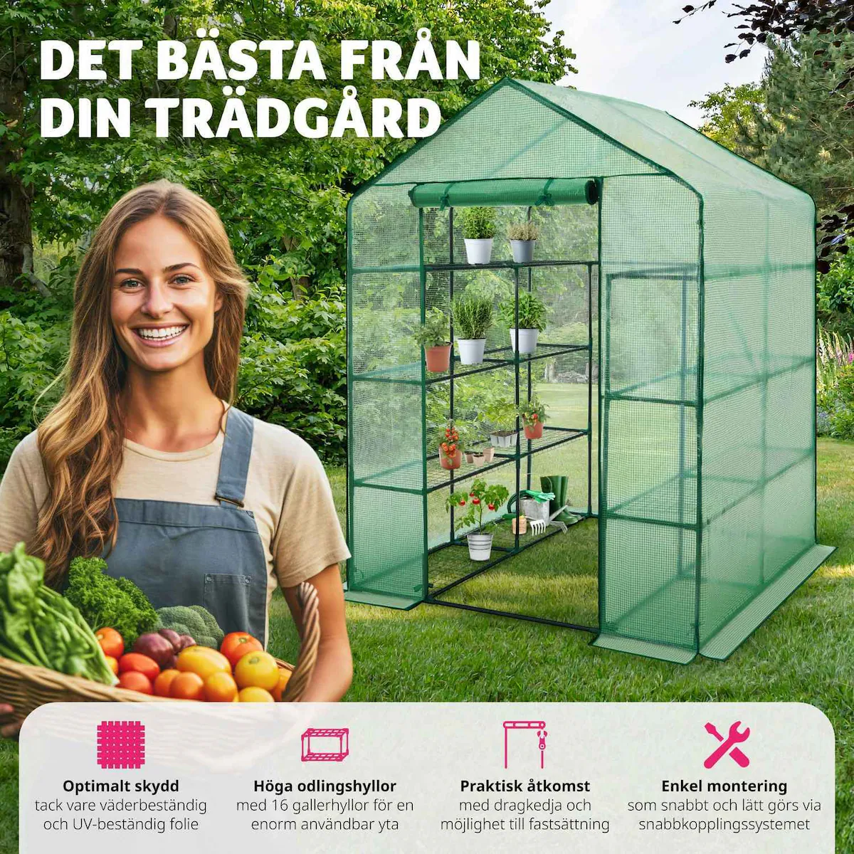 Drivhus med presenning kvadratisk 143x143x195cm - grønn