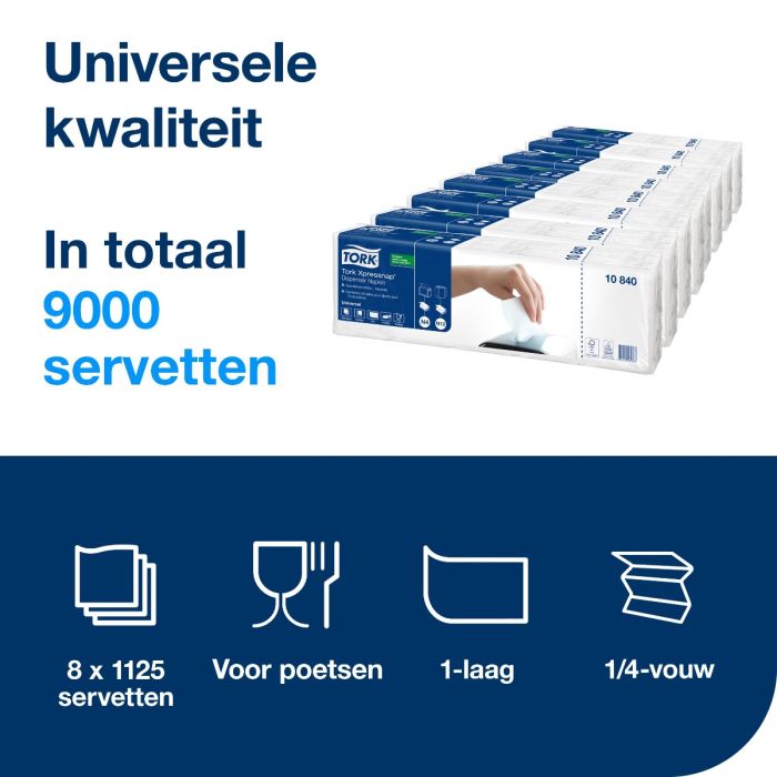 Tork 10840 Xpressnap 9000st Dispenserservetten Wit N4 1/4-vouw 1-laags 8x1125st servetten (10840)