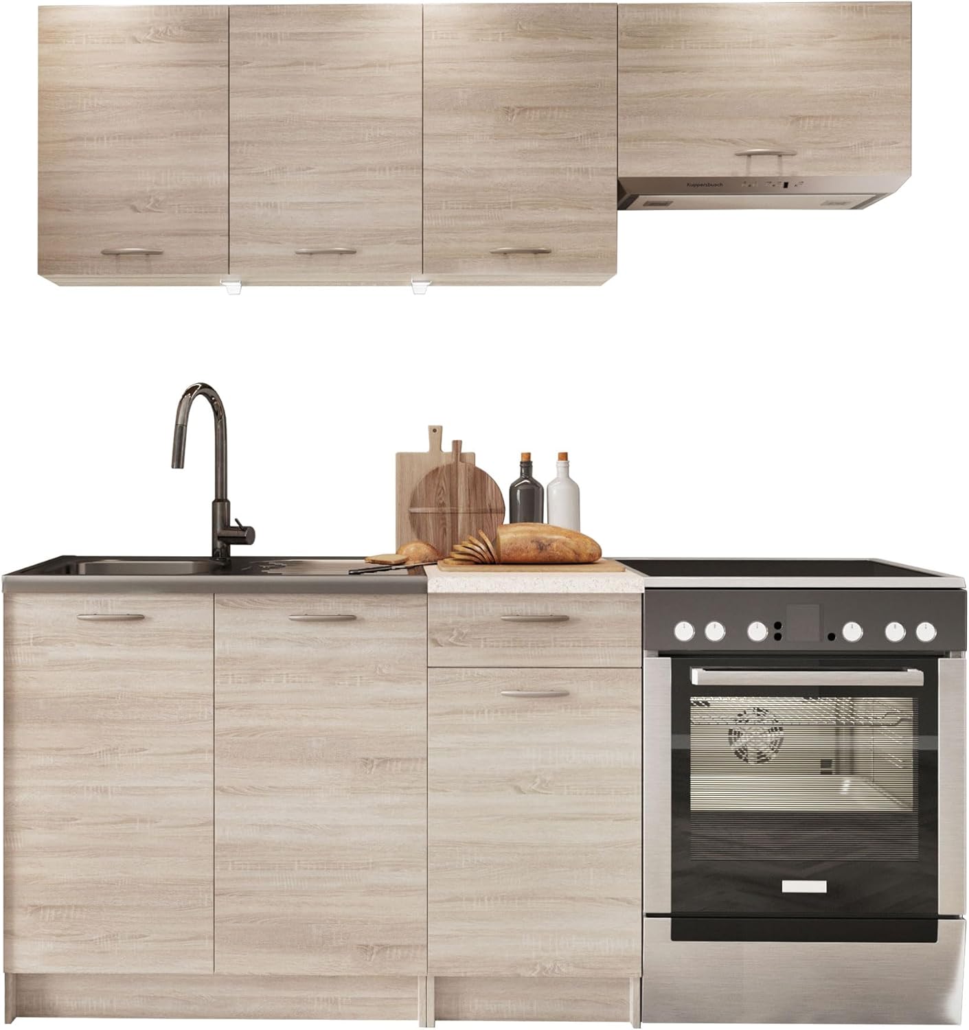 Mirjan24 Küche Mela 180/120 cm, Küchenblock/Küchenzeile, 5 Schrank-Module frei kombinierbar (Sonoma Eiche/Petra Beige, mit LED Beleuchtung)