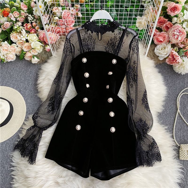 Yearnin - Set: Lange mouwen mesh top + dubbelrijs fluwelen playsuit