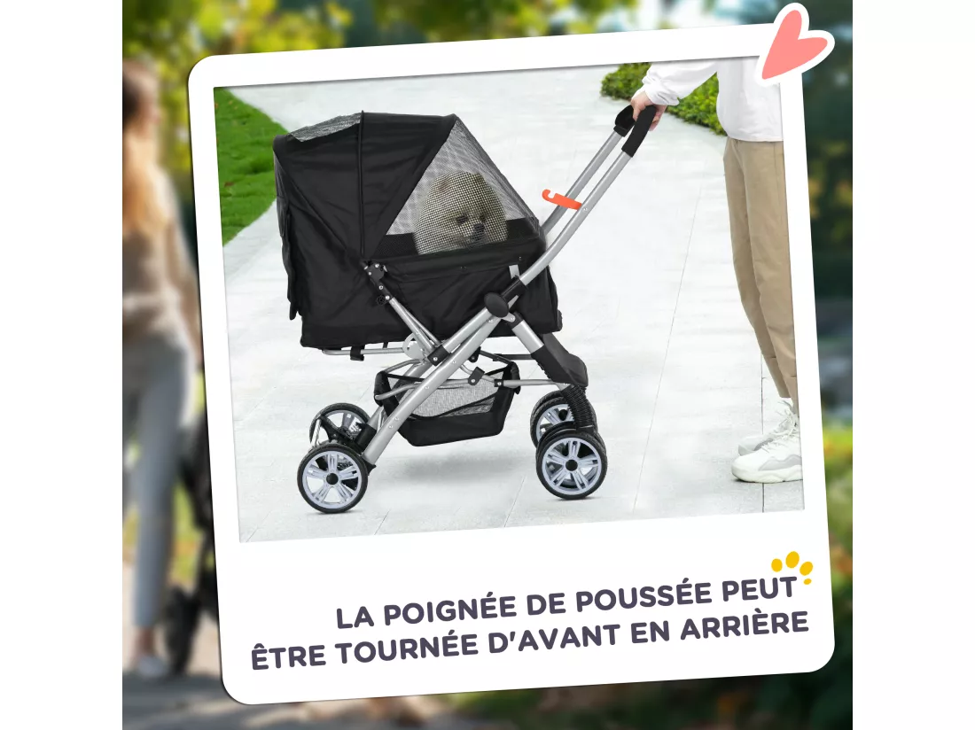 Poussette buggy pliable chien chat panier et sac de rangement attaches sécurité housse réglable poignée réversible acier Oxford noir