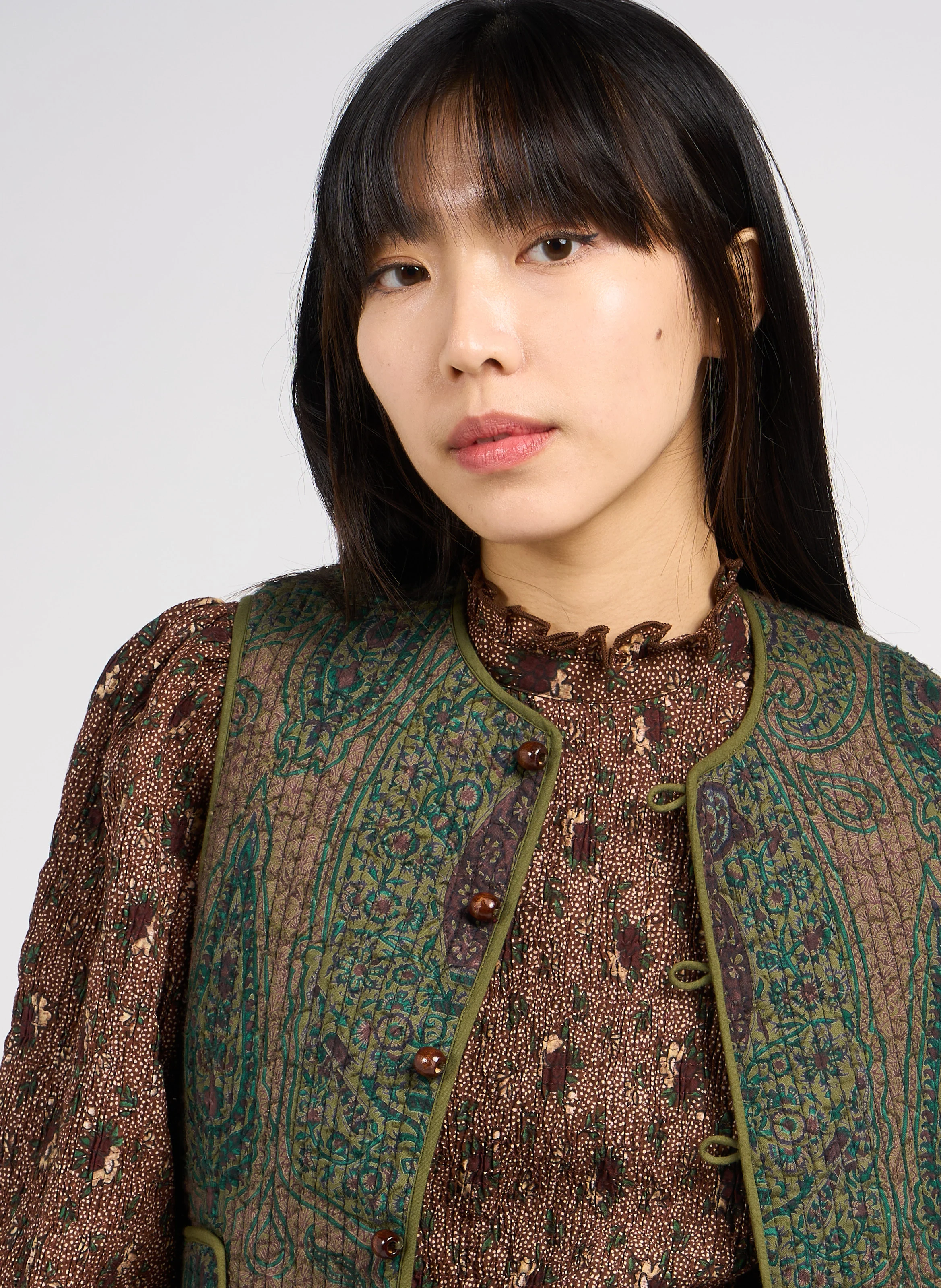 TAJARO - Gilet droit col rond en coton | Vert