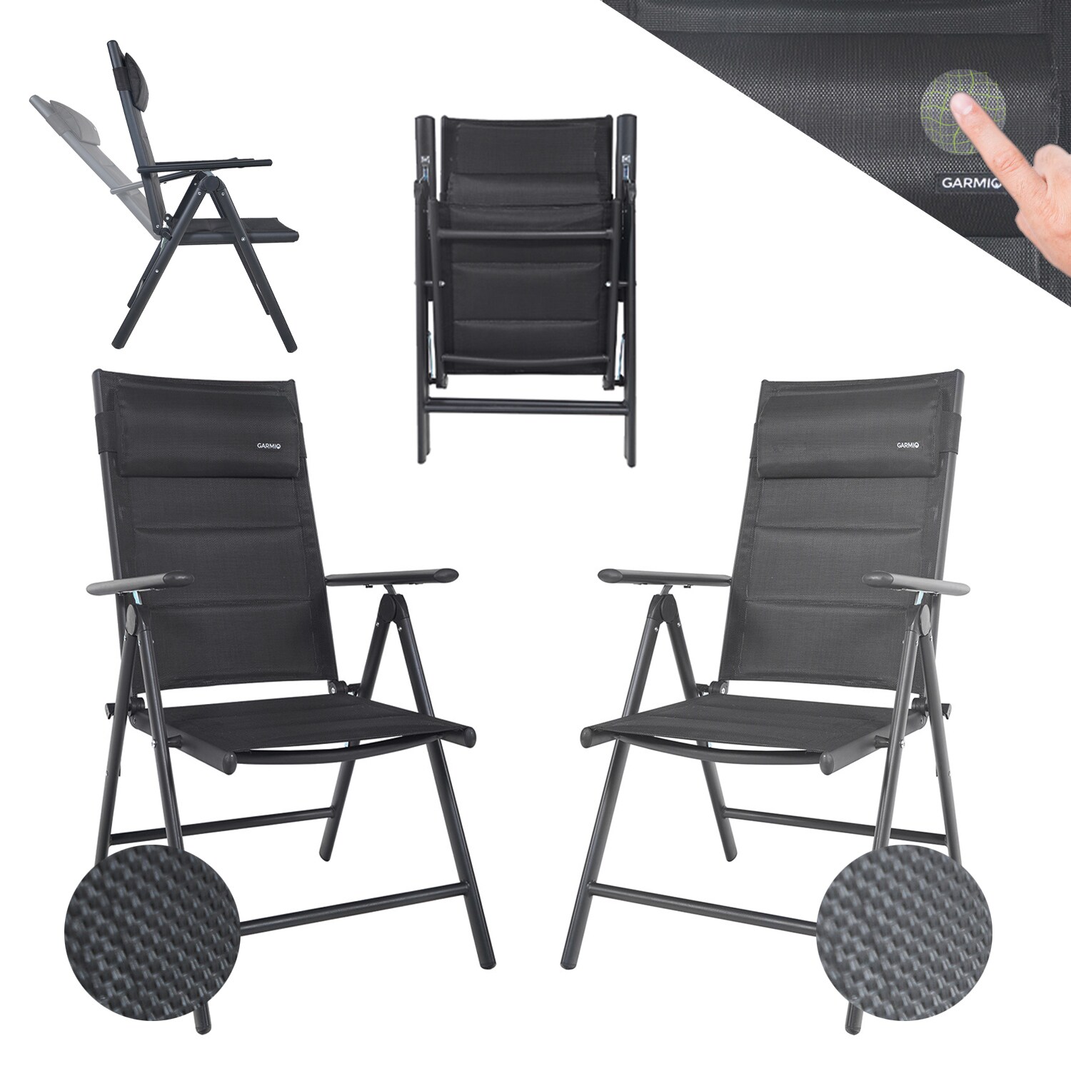 GARMIO® Gartenstuhl Balkonstuhl FLORENZ anthrazit, 4er SET, 7-fach verstellbar, klappbar, inkl. Nackenkissen, für Terrasse