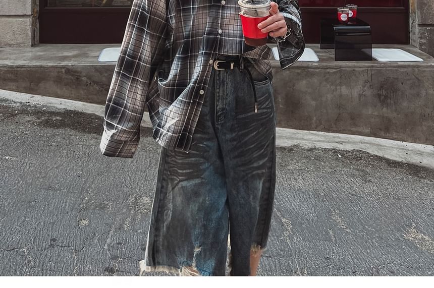 SeoulPop - Unisex geruit overhemd met lange mouwen en losse pasvorm