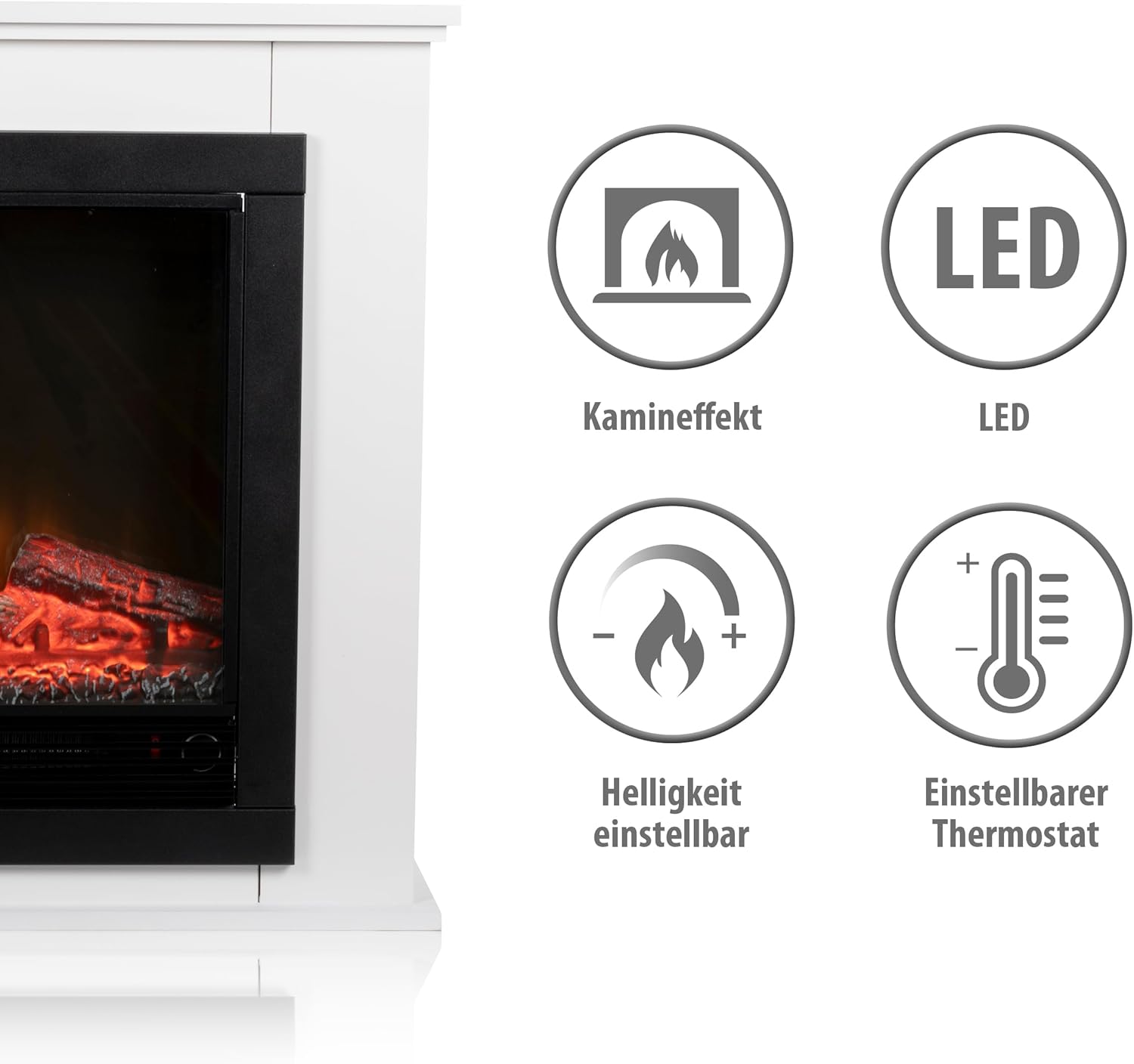 alpina Geneva Elektrokamin mit Heizung – Elektroheizung 1800W - Kaminofen mit Heizung, Schalttafel und Timer - Elektroherd mit LED-Flammen - Freistehend - Weiß