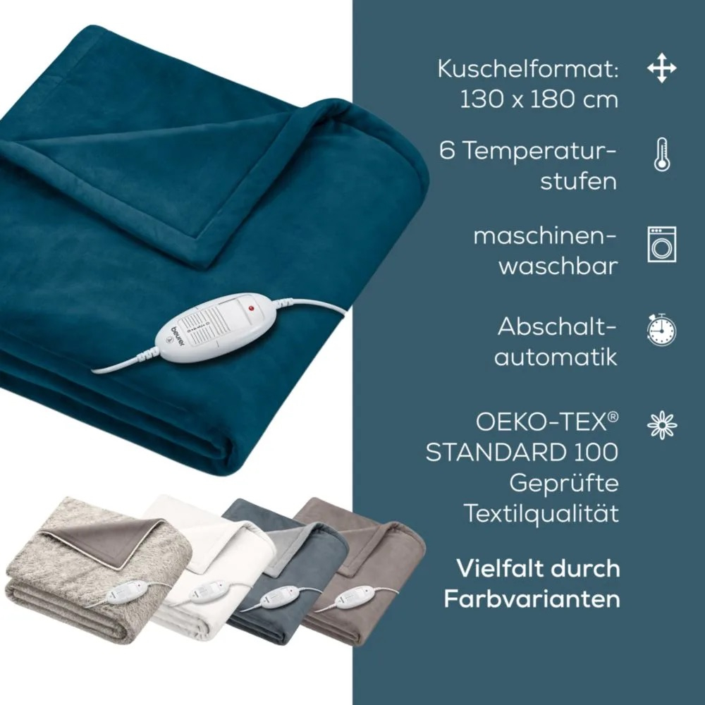 (180x130cm) HD 75 Flausch Heizdecke Elektrische Wärmedecke mit 6 Hitzestufen (42108) - Cosy Ocean