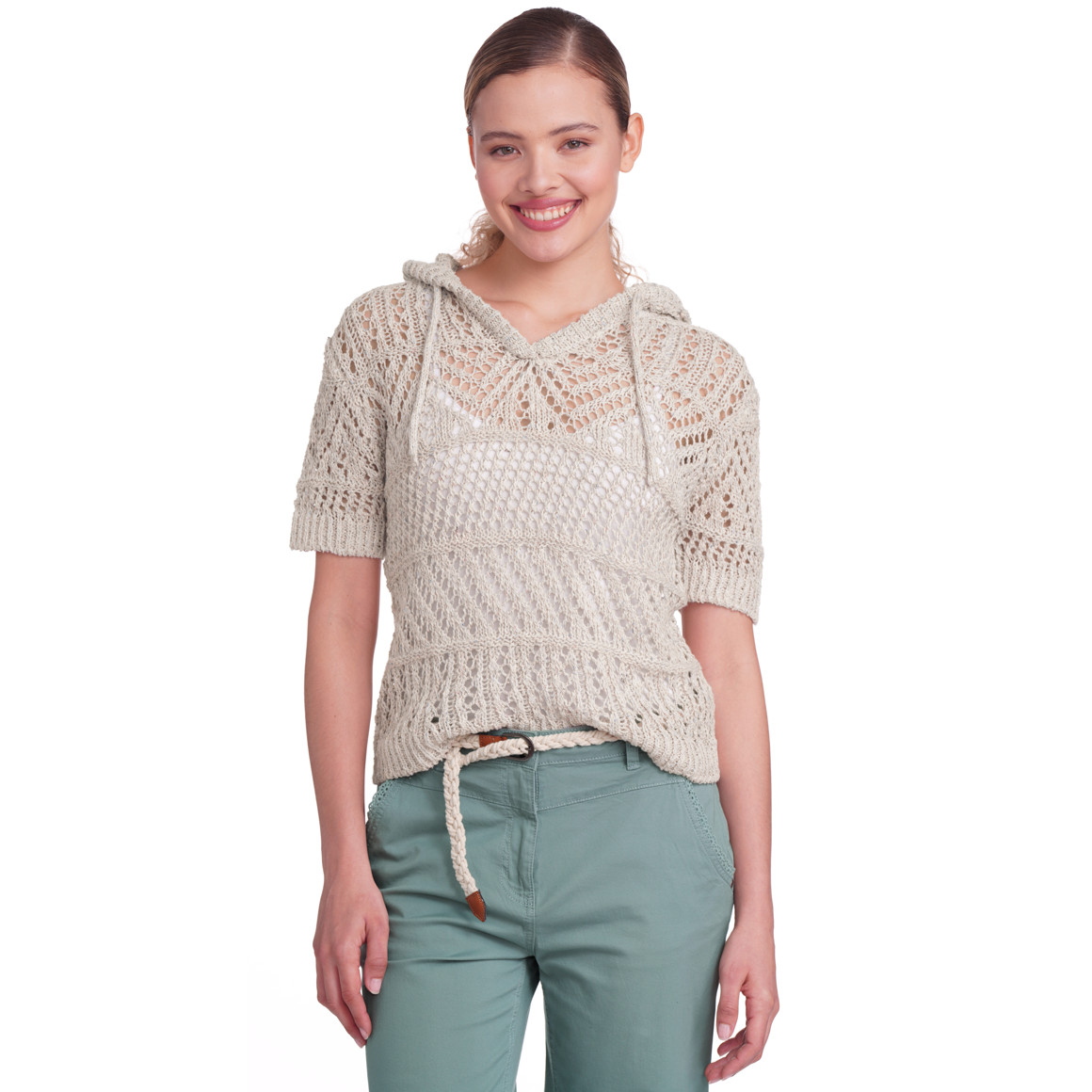 Gina Damen Strickpullover mit Ajour-Muster beige