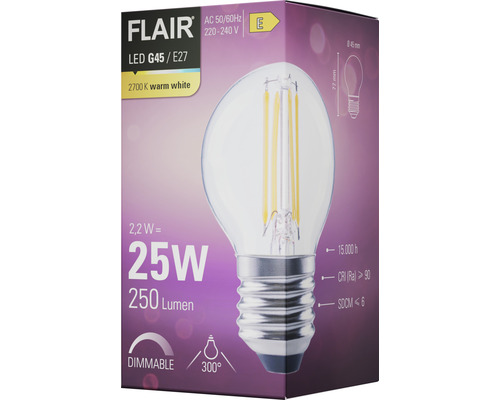 FLAIR LED druppellamp dimbaar G45 E27/2,2W (25W) 250 lm 2700 K warm wit helder