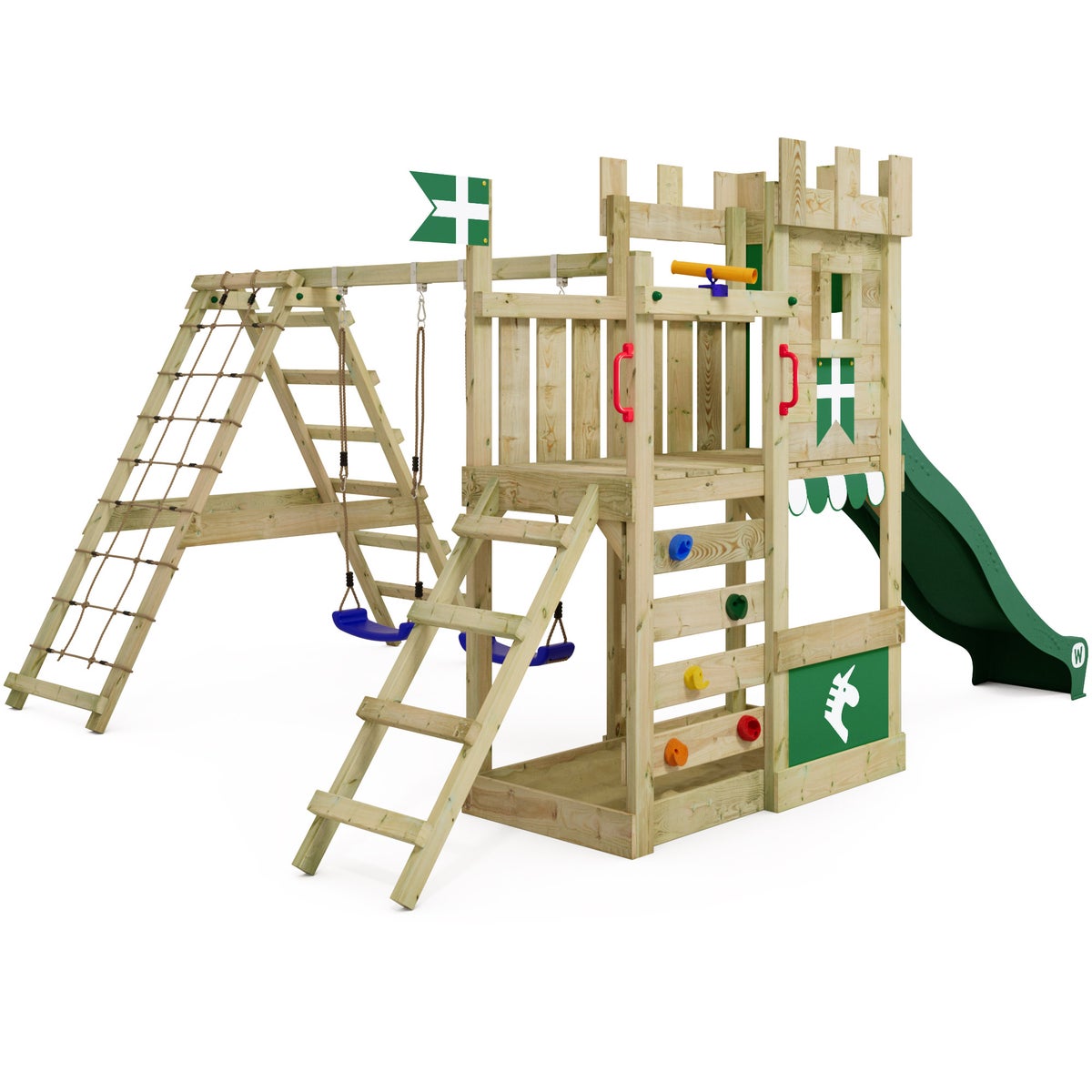 WICKEY DragonFlyer Castle Speeltoren met Schommel en Glijbaan, Speelhuis met Zandbak, Klimladder en Speelaccessoires - Groen