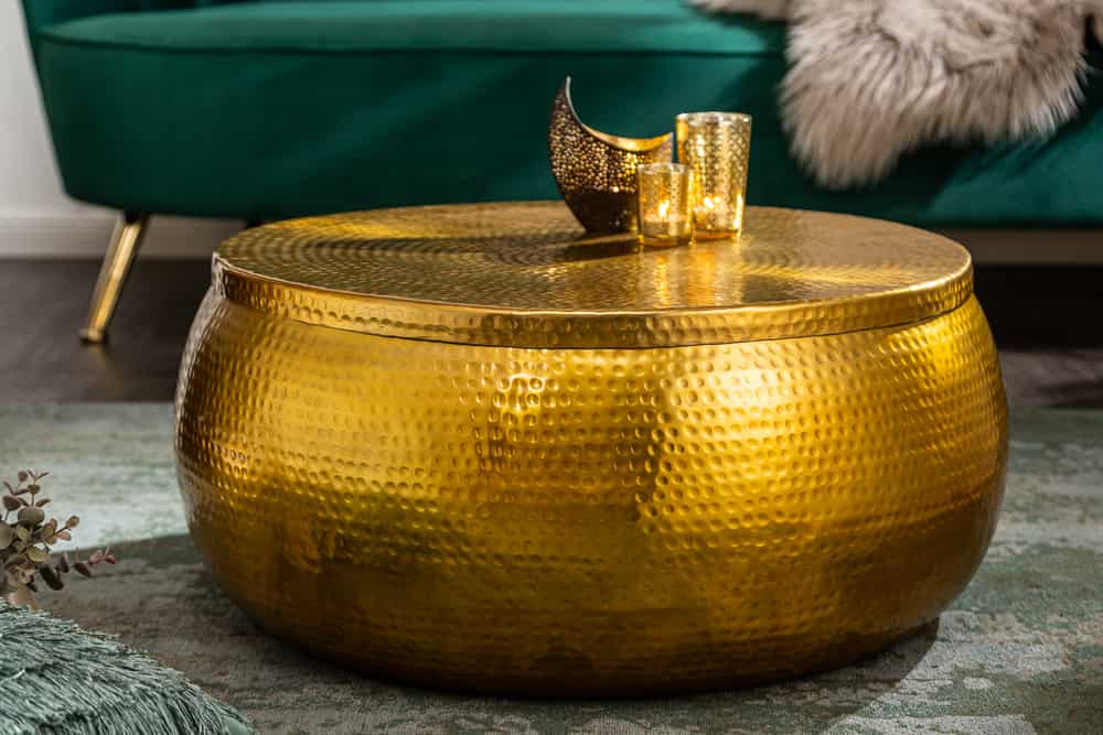 Runder Couchtisch ORIENT STORAGE 70cm gold Metall mit Stauraum Hammerschlag Design handmade