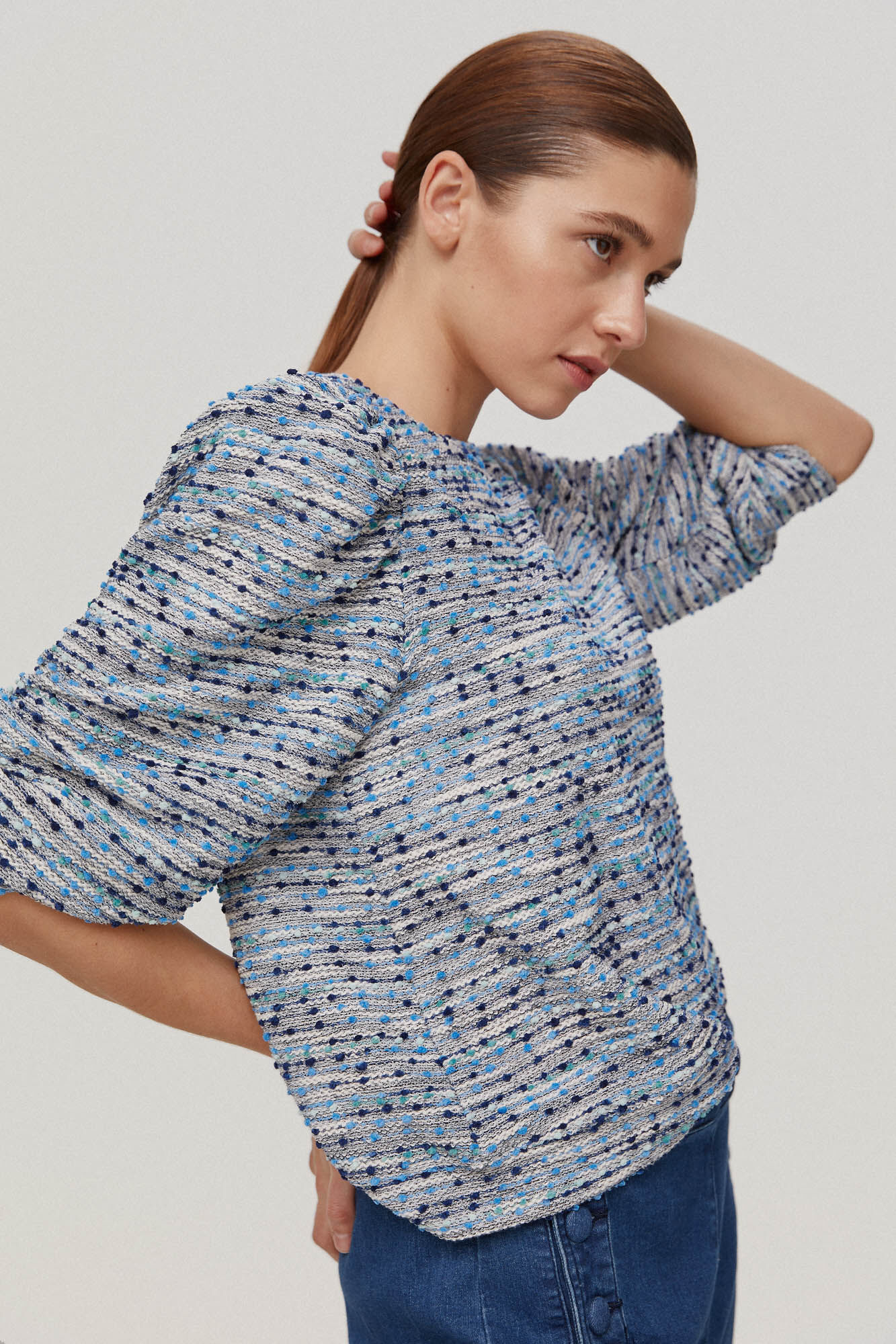 Blusa de moletom com mangas franzidas - Turquesa