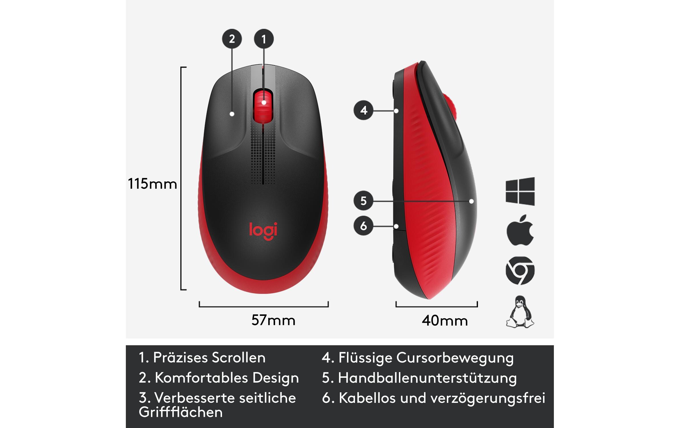 Maus M190 Rot/Schwarz, kabellosUniverselle Arbeitsmaus für alltägliche Büroarbeiten