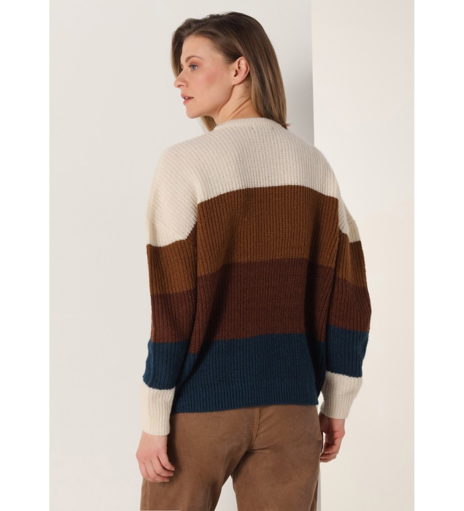 Blusa Lois em malha jersey com gola quadrada e listras jacquard.