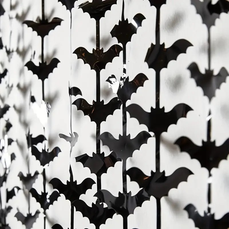 (2x1m) Halloween Party Deko Vorhang Lametta Fledermaus Fransen Behang - Schwarz