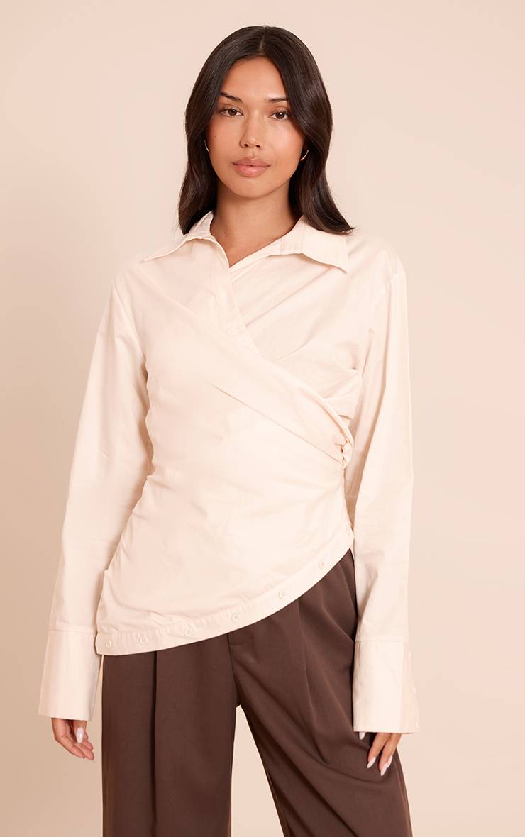 Crème Chemise À Manches Longues À Rayures Fines Avec Détail Froncé Et Drapé