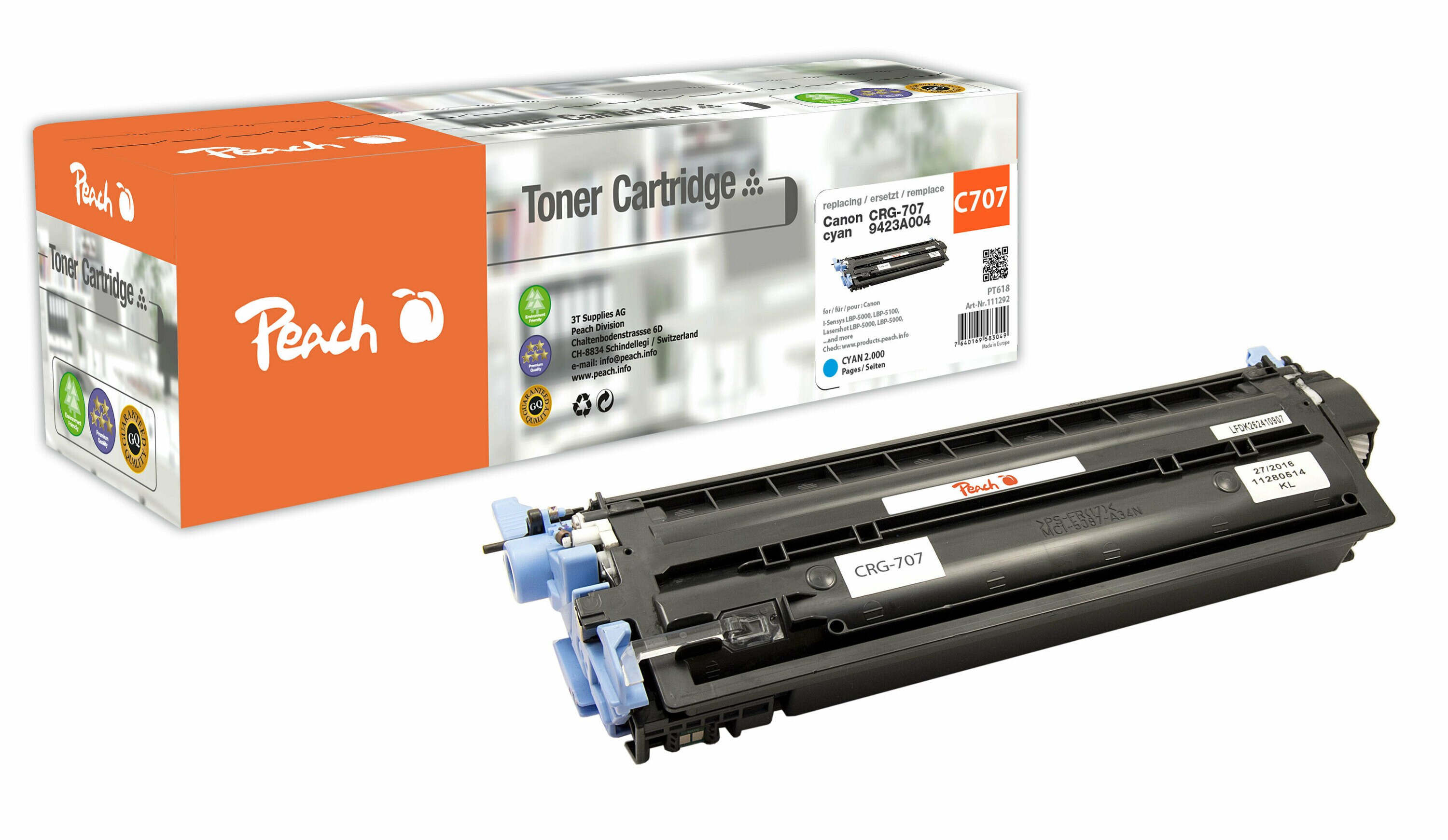 Peach C707 C Toner cy ersetzt Canon CRG-707C, 9423A004  für z.B. Canon ISensys LBP -5000, Canon ISensys LBP -5100, Canon Lasershot LBP -5000 (wiederaufbereitet)