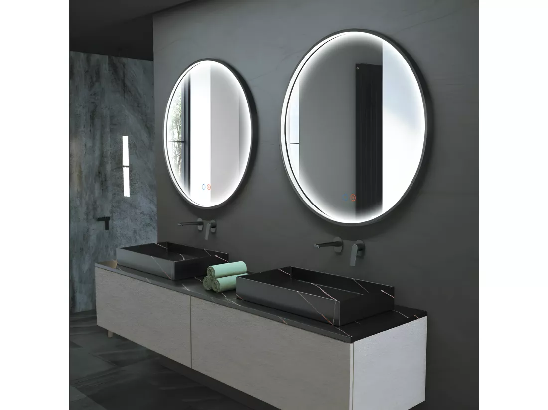 Miroir Salle de Bains Lumineux NÉPAL Anti-Buée et Éclairage Périmétral Triled Tactile On/Off Ø60 Noir Mat LEDIMEX by SANIZÉO