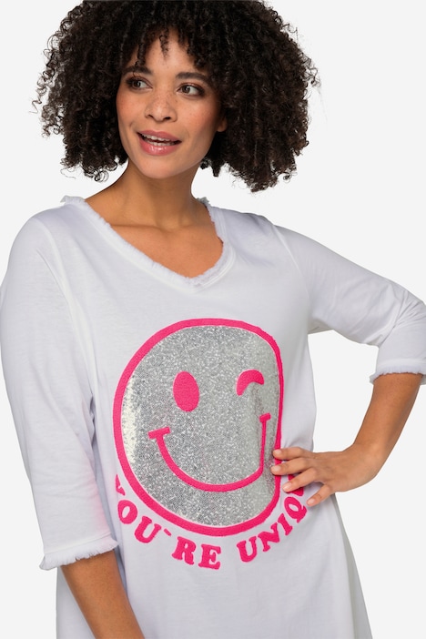 Longshirt, Smiley, Rundhals, Langarm, gerundeter Saum