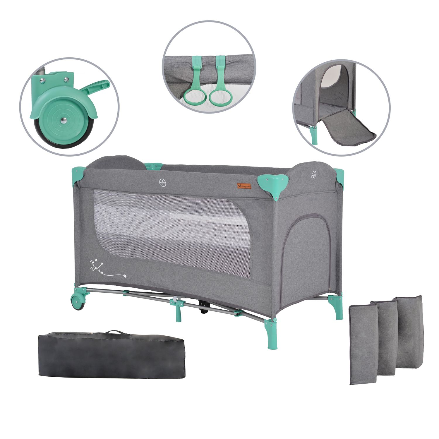 Cangaroo Reisebett Skyglow 2 Ebenen Räder Matratze Seiteneingang Tasche Bremsen grün