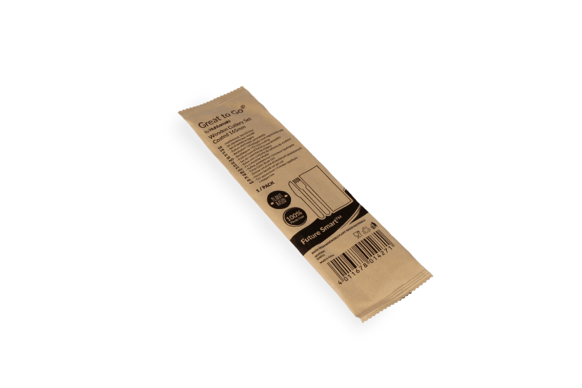 Houten bestekset 3/1 mes + vork (FSC 100%) + servet 165 mm gecoat