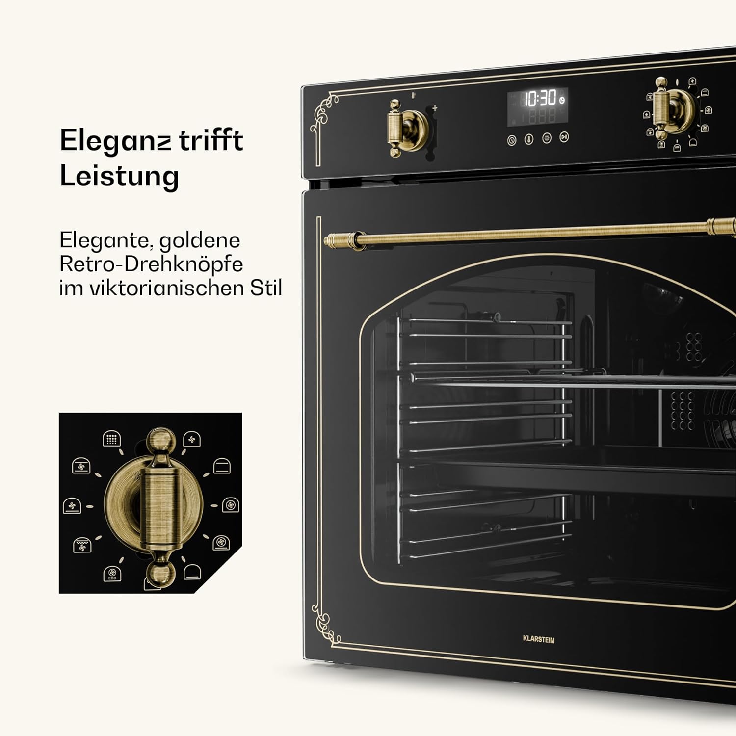 Klarstein Victoria Pyro Einbaubackofen 60 cm – 76L, Pyrolyse, 11 Funktionen, Retro Design, Energieklasse A, Timer, Einbau Backofen ohne Kochfeld, Vierfachverglasung, Emaille-Innenraum, Schwarz