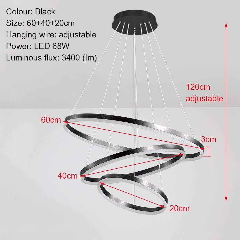3-Ring LED-Hängelampe Dimmbar Schwarz Kronleuchter 68W LED-Ringleuchte Lampe Moderne LED-Hängeleuchte Rund Ring-Pendelleuchte, Esszimmer Design Lampe Wohnzimmer Leuchte, 20+40+60CM