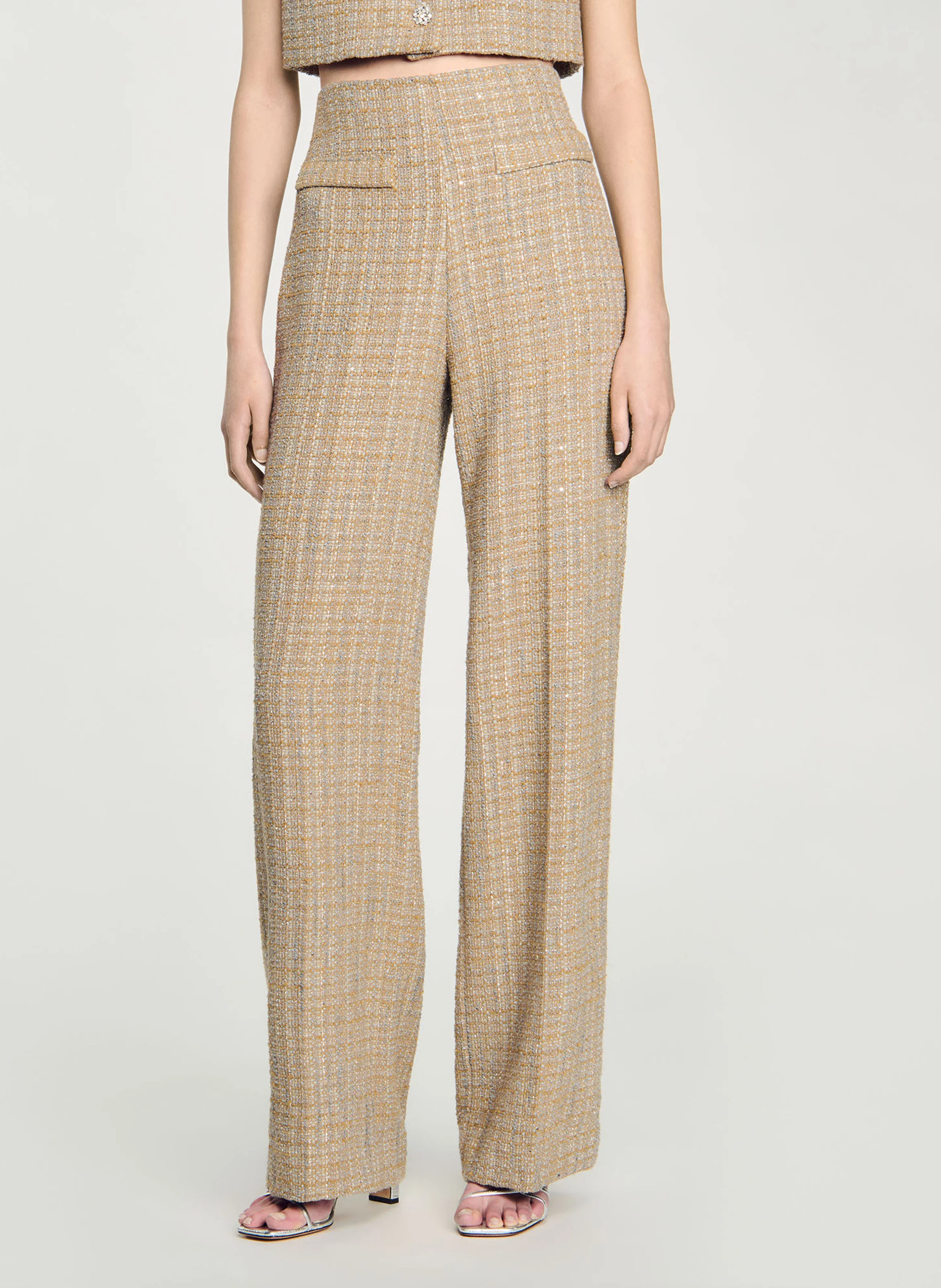 Pantalon en tweed droit taille haute | Marron