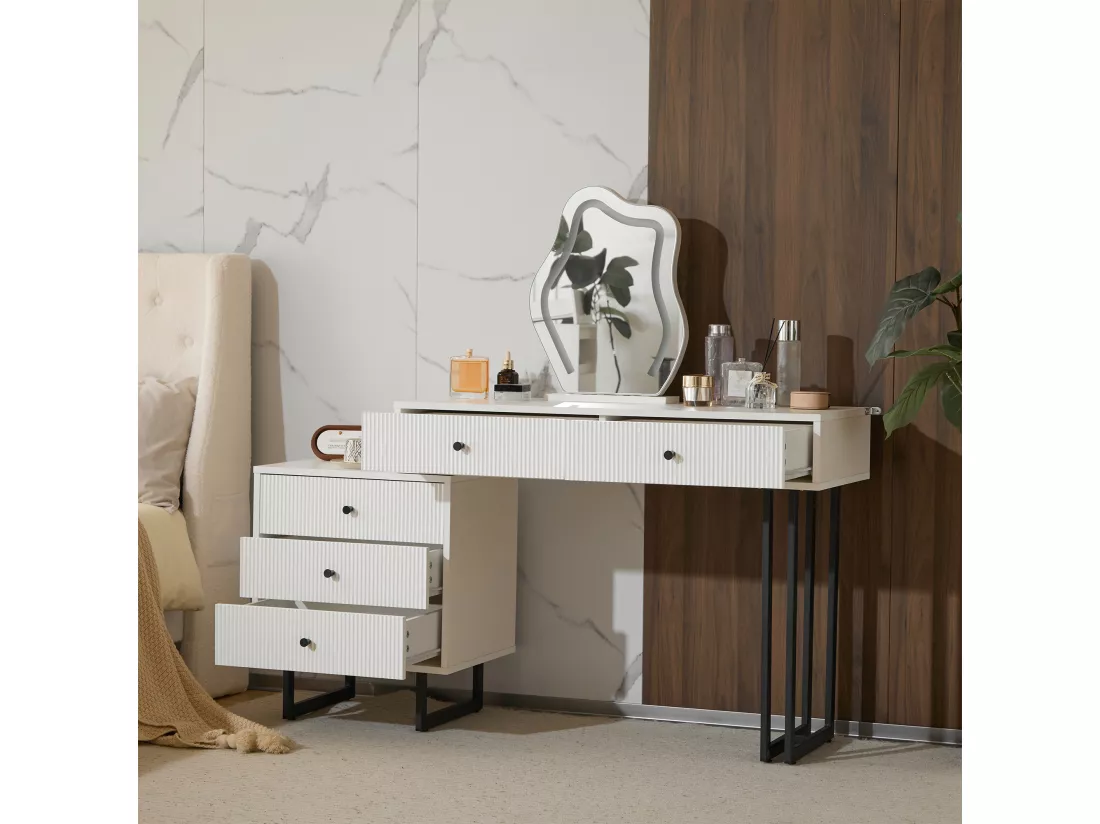 Coiffeuse avec miroir et 5 tiroirs - 100 x 40 x 76 cm - Panneau de particules - LEDs - Plateau extensible - Blanc (sans tabouret)