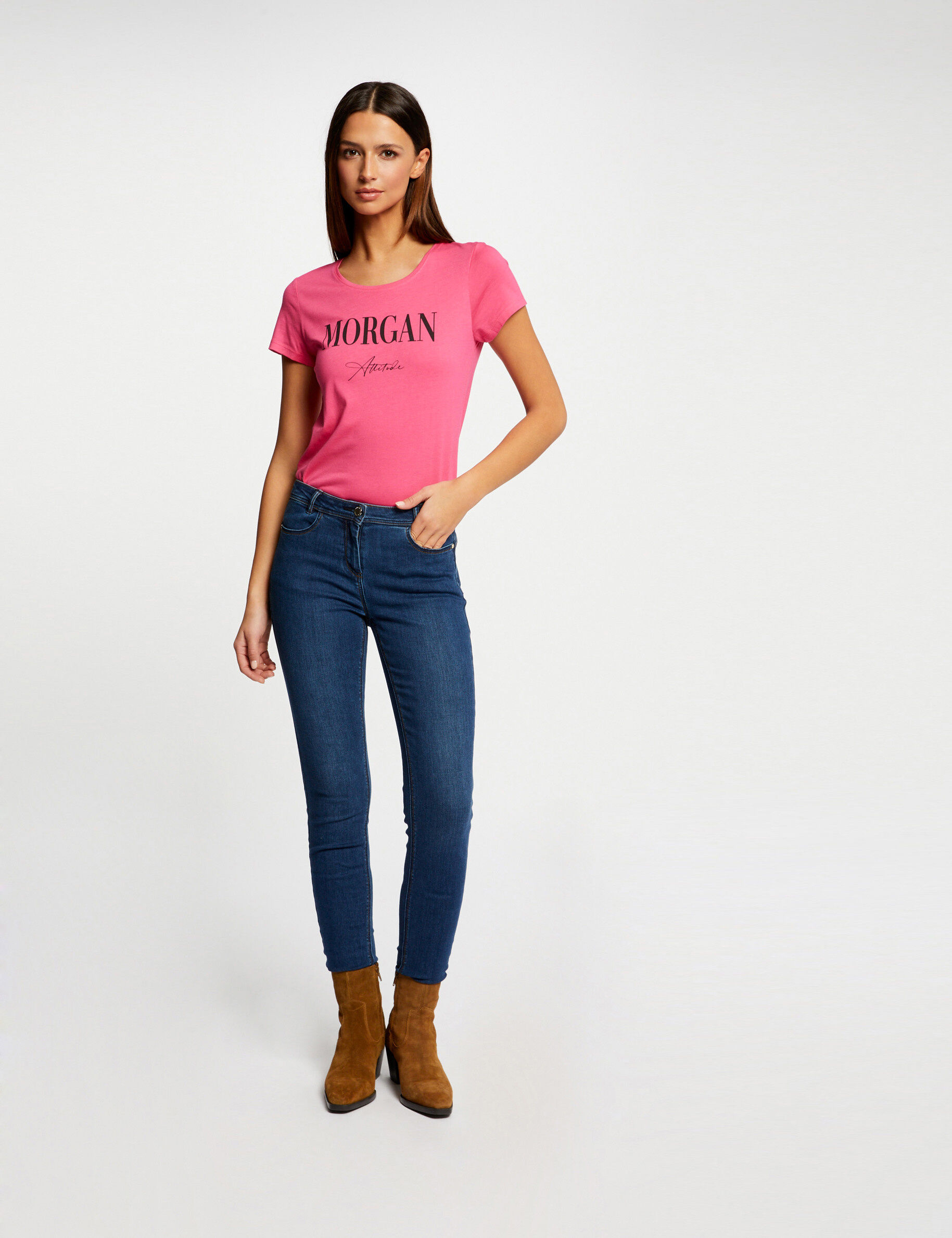T-shirt manches courtes à inscription fuchsia femme - fuchsia