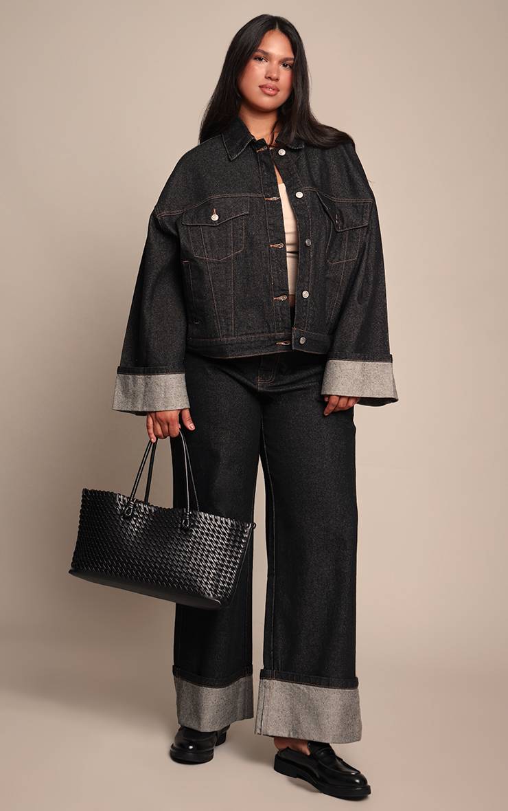 Bleu Indigo Veste En Jean Grande Taille Délavage Brut Avec Revers Et Surpiqûres Contrastées