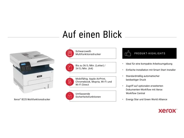 Xerox B225 - Multifunktionsprinter - S/H - laser - A4/Legal (medie) - op til 34 spm (udskriver) - 250 ark - USB 2.0, LAN, Wi-Fi(n), USB 2.0 vært - Green World Alliance returneringsprogram