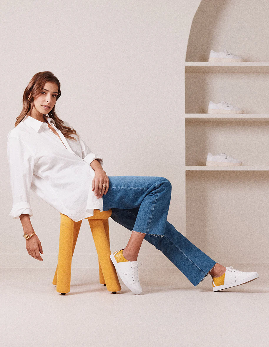 Baskets basses Renée - Cuir blanc et suède floral jaune