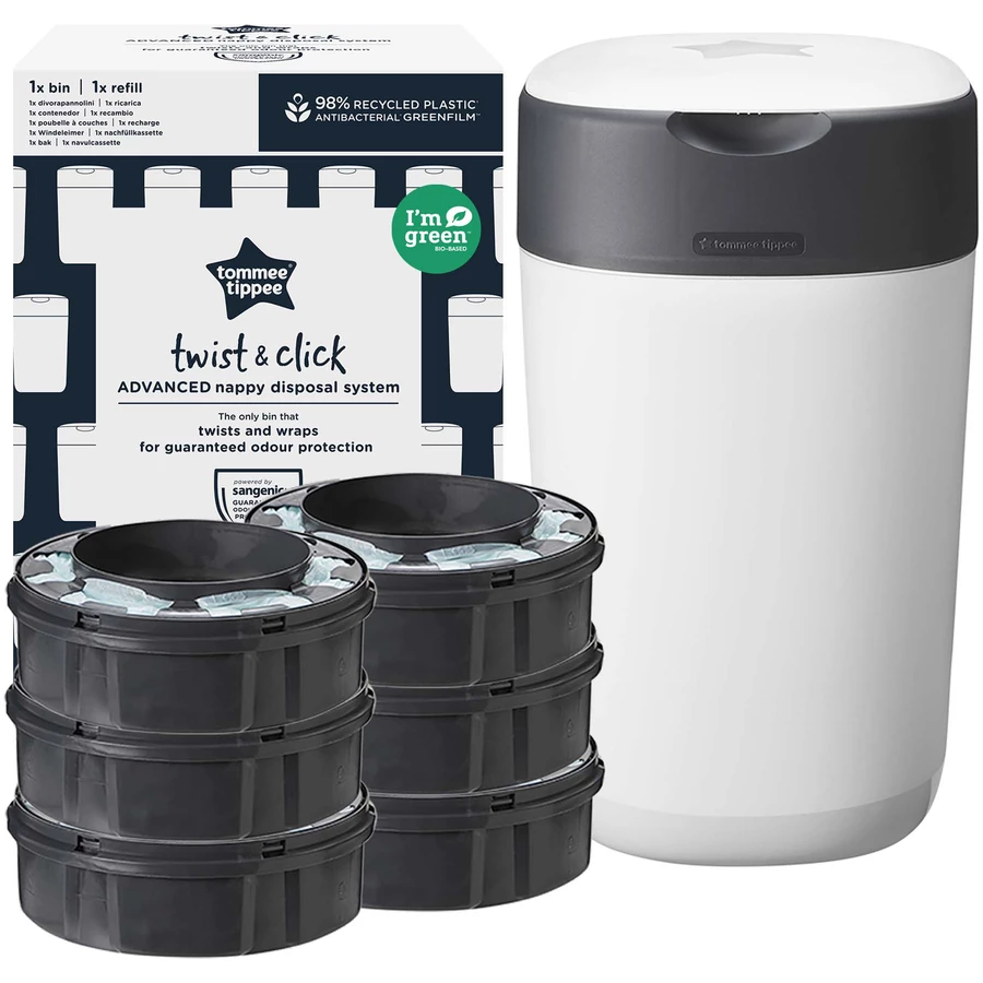 Tommee Tippee Twist & Click Advanced  Windeleimer, inkl. 6 Kassetten mit nachhaltig gewonnenem, antibakteriellem Greenfilm in weiß