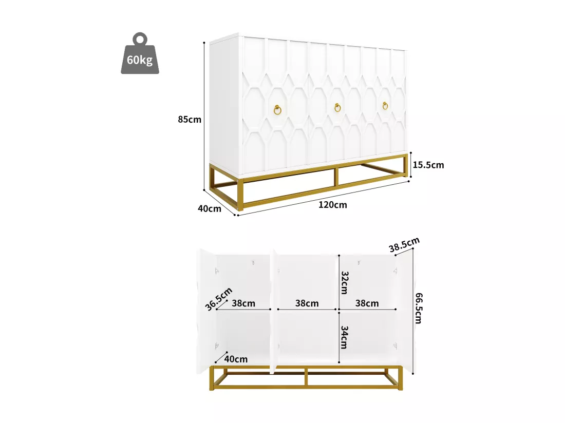Buffet moderne 120×40×85 cm - 3 portes avec étagères réglables - Blanc