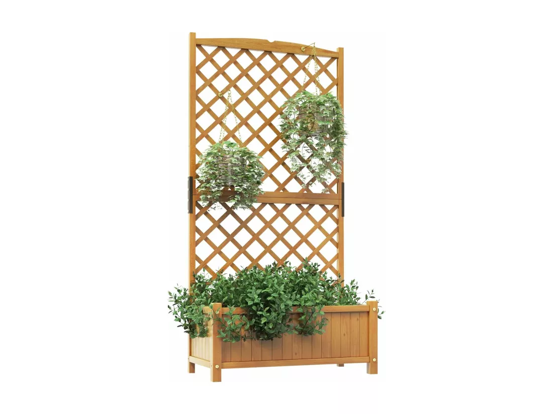 Jardinière avec Treillis en Bois de SaBois avec Trou de Drainage, Bac à Fleurs pour Plante Grimpante Vigne, Lit de Jardin Résistance aux Intempéries, Brun 90 x 44,5 x 180 cm