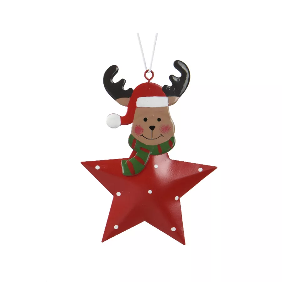 Renne de Noël à suspendre en métal (H12 cm) Étoile et pois Rouge