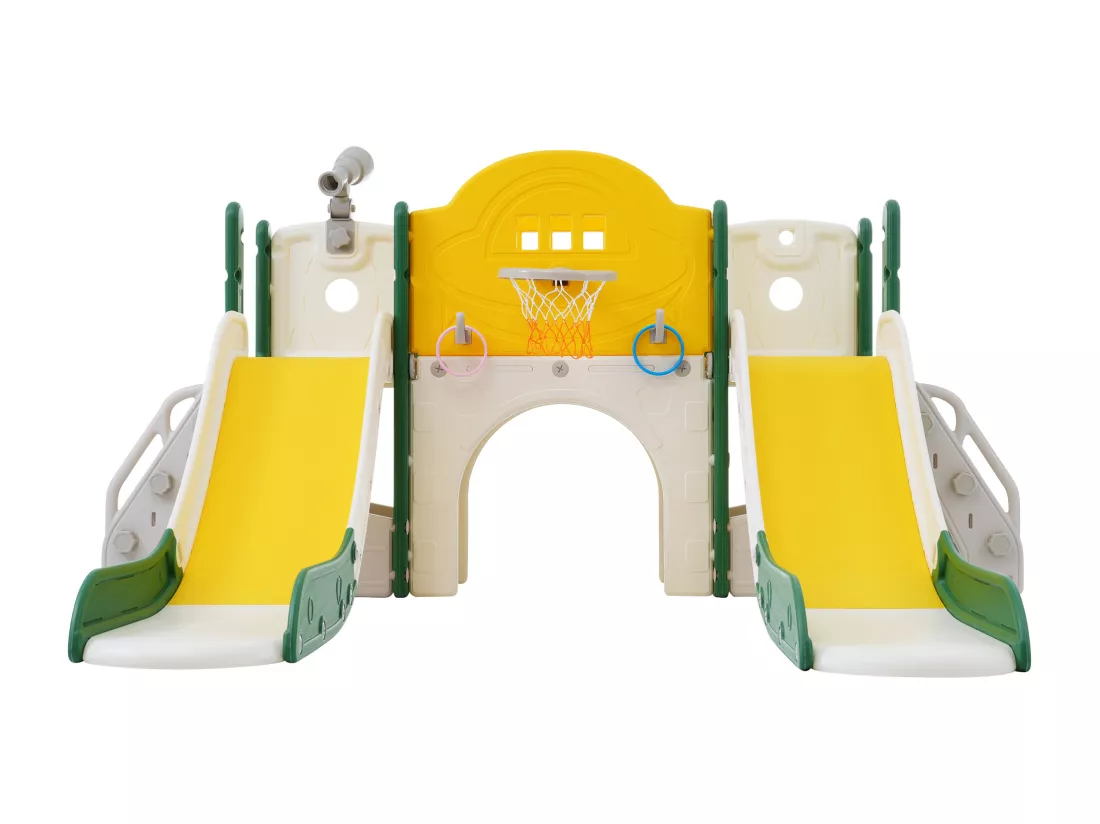 Aire de jeux pour enfants 8 en 1 avec toboggan, mur d'escalade, jeu de trous de forage, vert