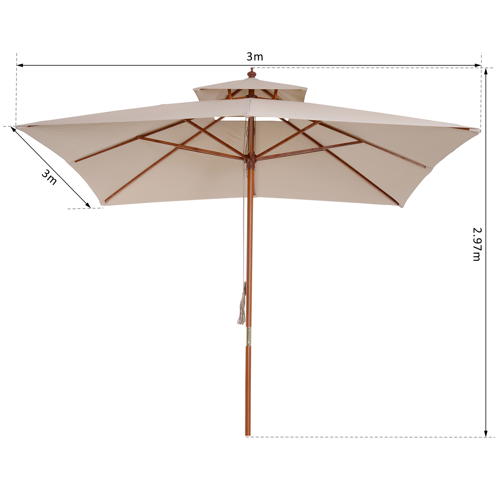 Guarda-sol de bambu Outsunny 3x3x3 m com cobertura dupla, sistema de polias à prova d'água para terraço e varanda, bege.