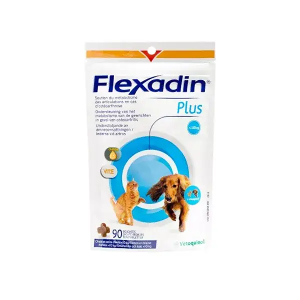 Vetoquinol Flexadin Plus para cães e gatos com menos de 10 kg, 90 comprimidos mastigáveis.