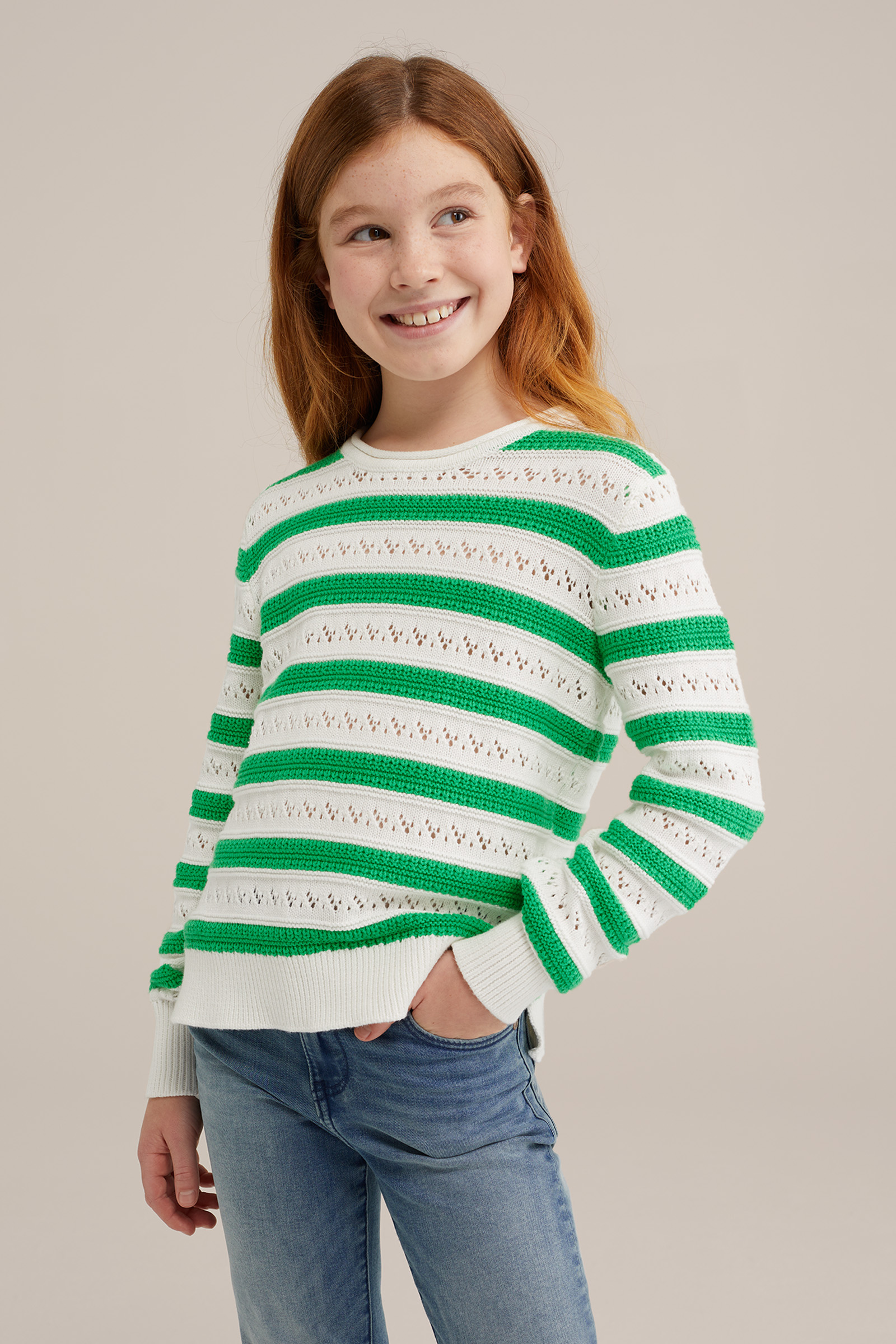 Meisjes gebreide trui met opengewerkt dessin WE Fashion Groen