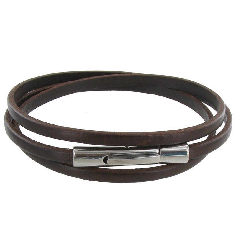 Bracelet Femme Cuir Plat Fermoir Acier Inoxydable - Classics - Marron foncé