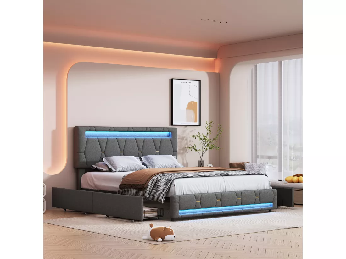 Lit 140x200cm avec 4 tiroirs + LED + sommier à lattes - lin - Gris
