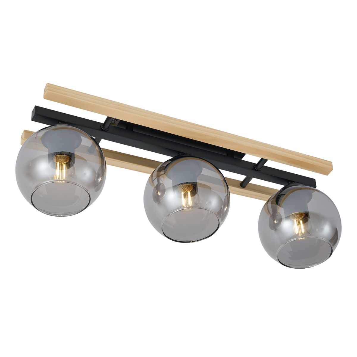 Moderne plafondlamp zwart met hout en smoke glas 3-lichts - Aleks